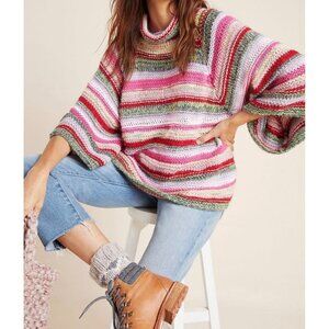Anthropologie Ribbed Knit Sweater 3/4 Bell Sleeve Oversized Cowl Neck Multicolor